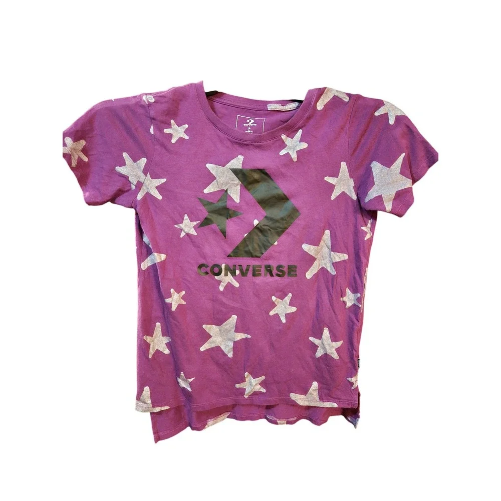 Kids Converse Purple Star Print T Shirt Short Sleeve‎ Crew Neck Top Size M